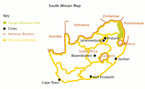 Where is Kruger National Park, South African map